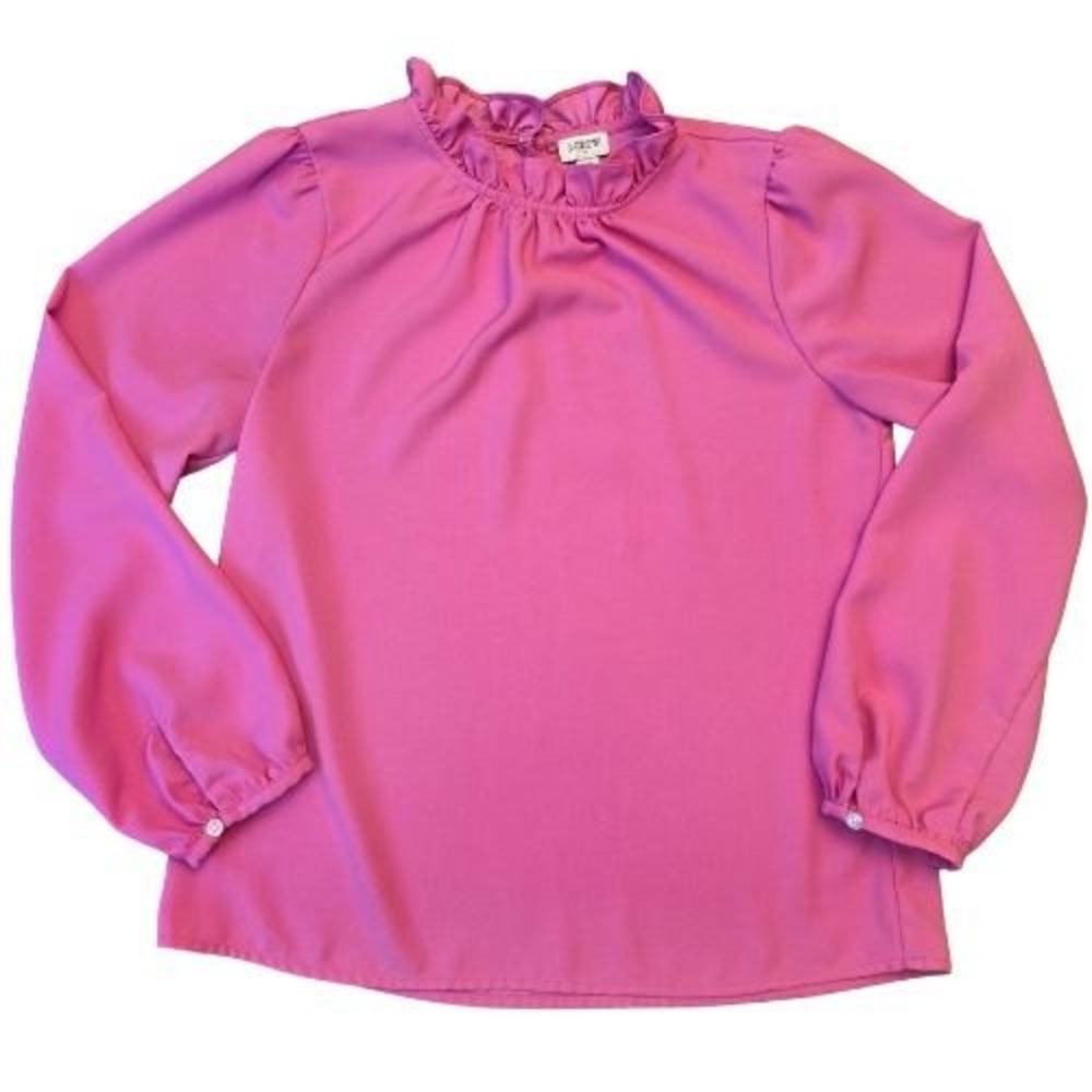 J.Crew Factory XS Ruffle Neck‎ Blouse Hot Pink Long Sleeve Career Barbiecore